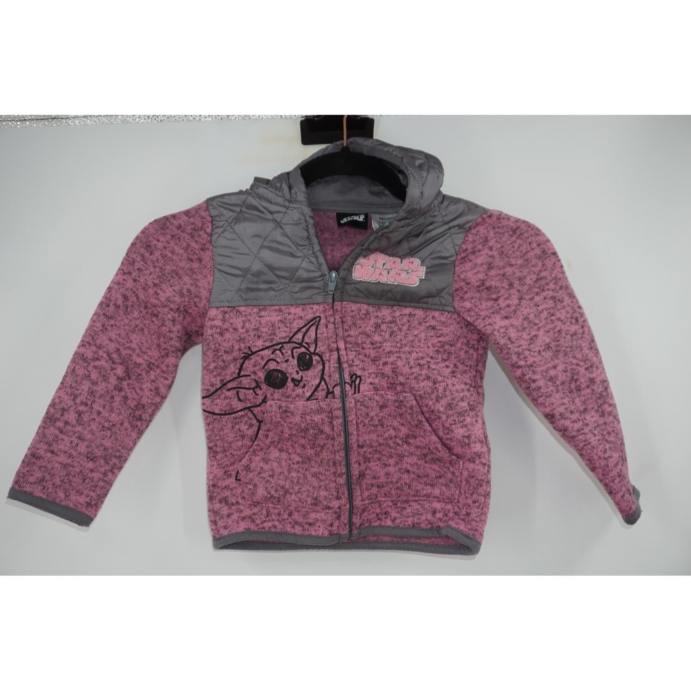 Disney Star Wars Groguโ Jacket Girls 3T Pink Fleece Quilted Hooded Full Zip
